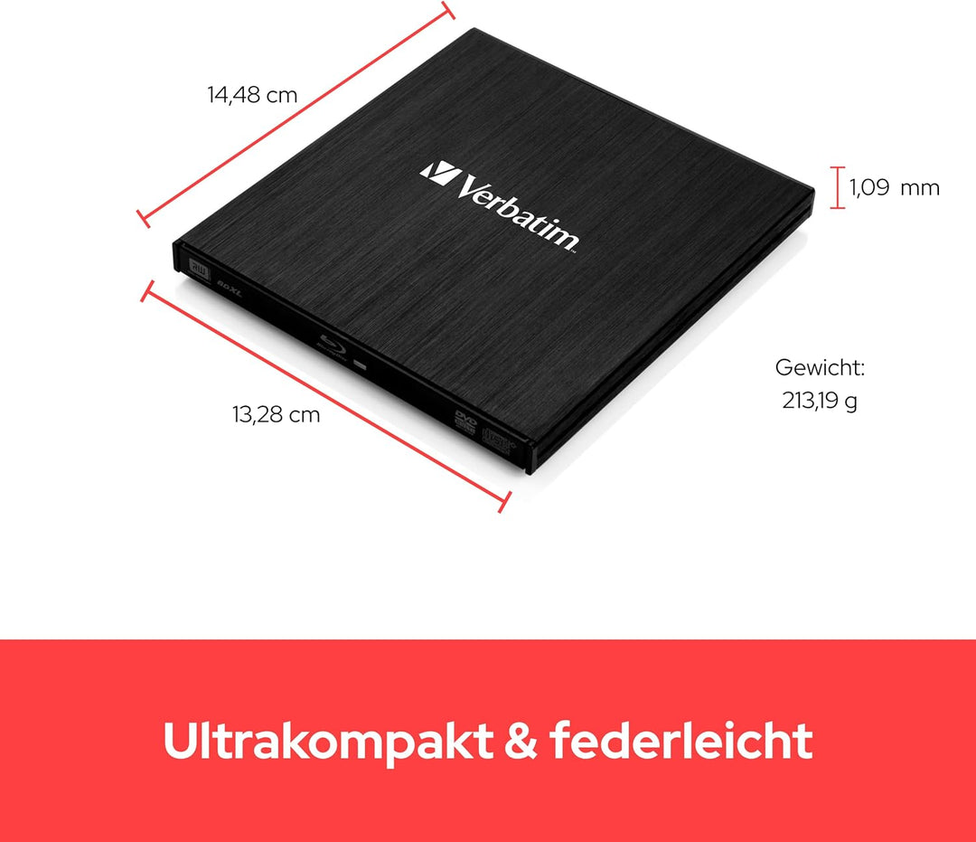 Verbatim Externer Slimline Bluray Writer mit USB 3.0-Kabel, externer DVD und Bluray Brenner, ideal f