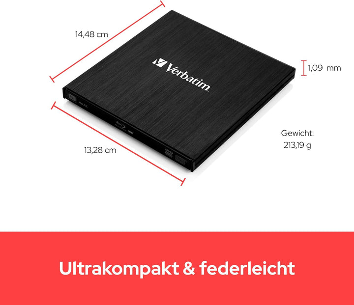 Verbatim Externer Slimline Bluray Writer mit USB 3.0-Kabel, externer DVD und Bluray Brenner, ideal f