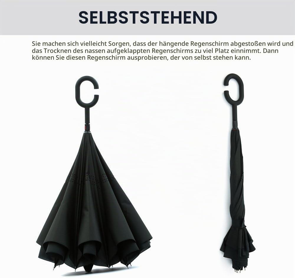 Jooayou Umdrehbarer Regenschirm mit 2 Flächen, C-förmiger Griff, rückseitig faltbarer Regenschirm, A