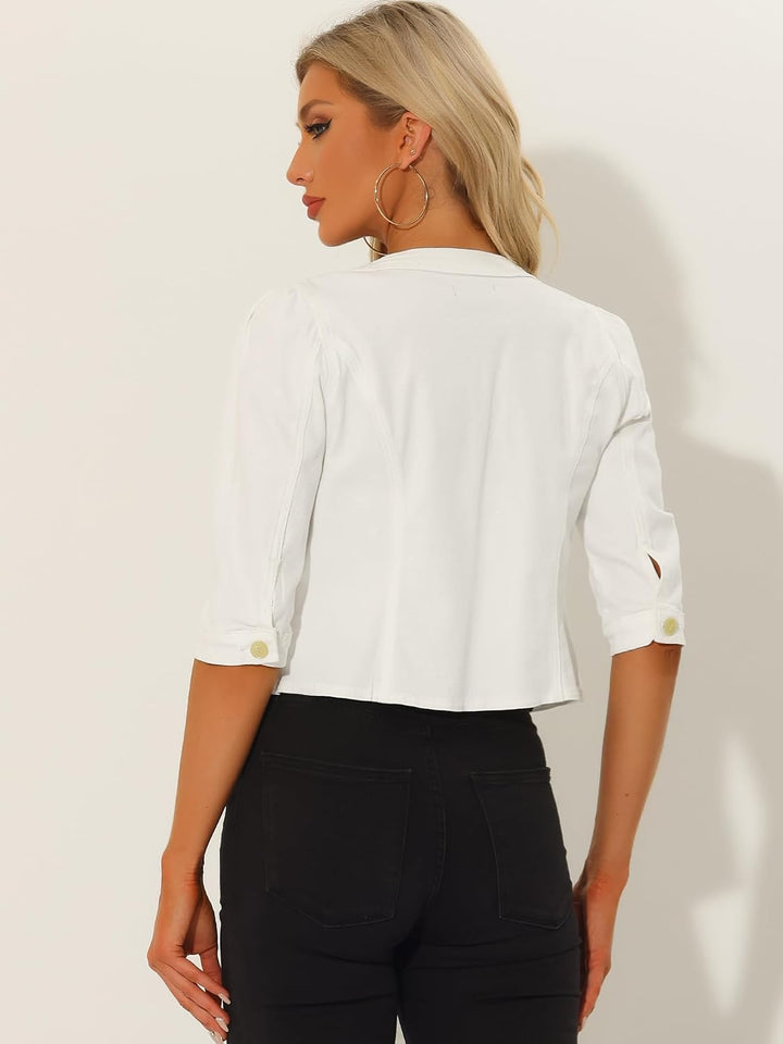 Allegra K Damen Jeansjacke 3/4 Ärmel Open Front Kragenlos Jacke mit Taschen S Weiss, S Weiss