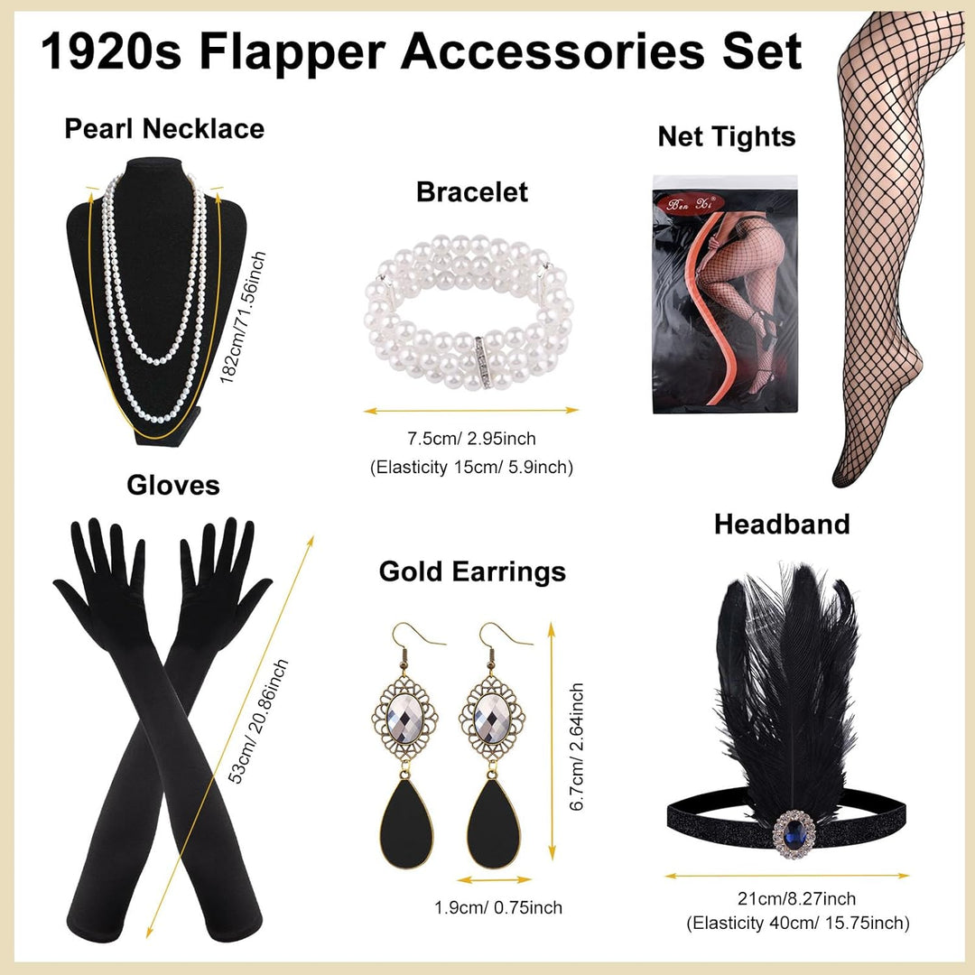 PLULON 1920er-Jahre-Flapperkleid mit Pailletten, Perlen und Fransen, Set mit 20er-Jahre-Accessoires
