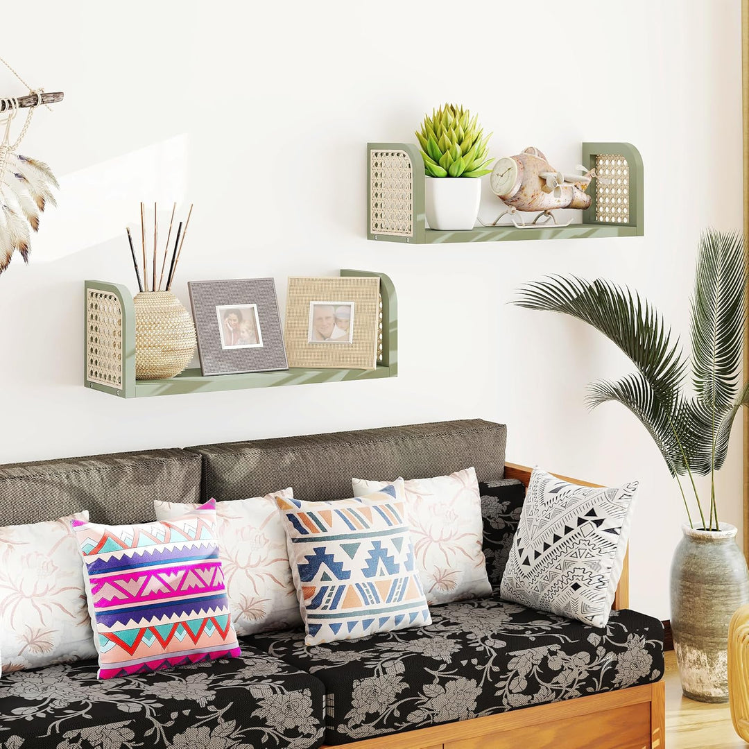 2er Set Rattanregal – Boho Wandregal &amp; Boho Deko in Grün, Hängeregal für Kinderzimmer, Wohnzimmer &amp;