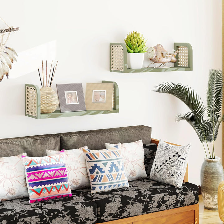2er Set Rattanregal – Boho Wandregal &amp; Boho Deko in Grün, Hängeregal für Kinderzimmer, Wohnzimmer &amp;