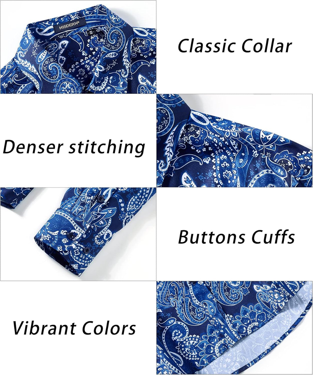 HISDERN Herren Paisley Hemd Langarm Satin Blumen Muster Hemd für Männer Jacquard Stickerei Freizeith