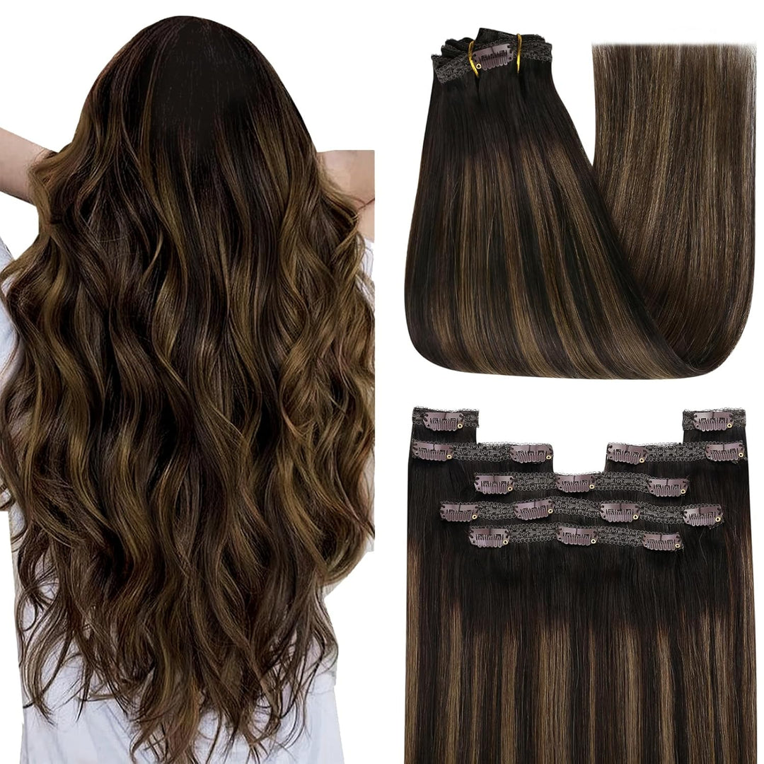 YoungSee 55cm Clip in Extensions Echthaar Ombre 120g Echthaar Extensions Clip Braun Echthaar Clip in