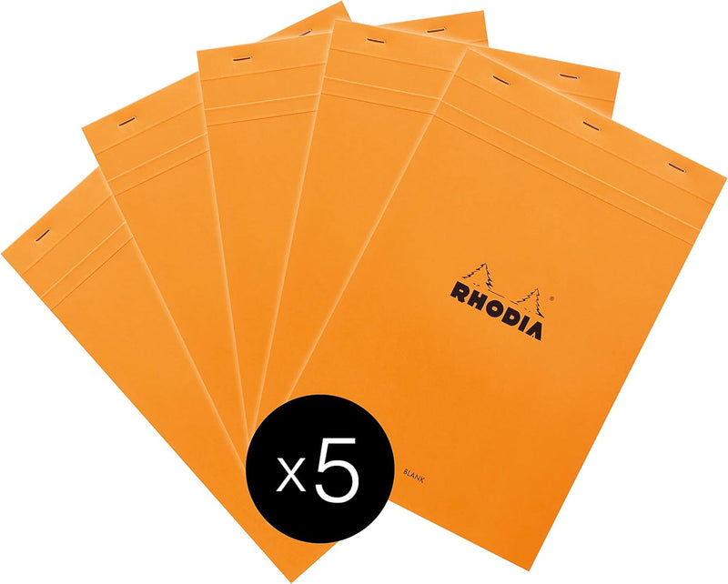 Rhodia 18000C - Packung mit 5 Notizblöcken geheftet No.18, DIN A4 80 Blätter blanko 80g, Orange, 1 P