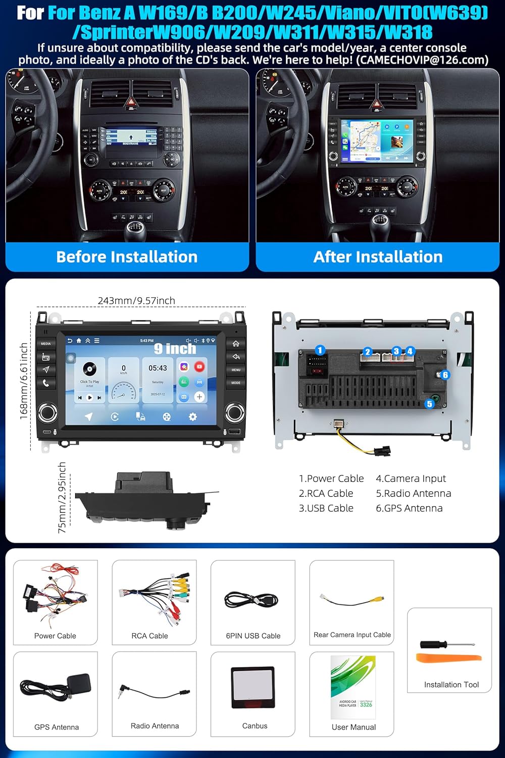 CAMECHO 4G+128G Android 15 Autoradio für Mercedes Benz W169 B200/W245 W639 Viano Sprinter mit Apple