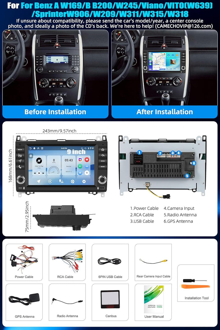 CAMECHO 4G+128G Android 15 Autoradio für Mercedes Benz W169 B200/W245 W639 Viano Sprinter mit Apple