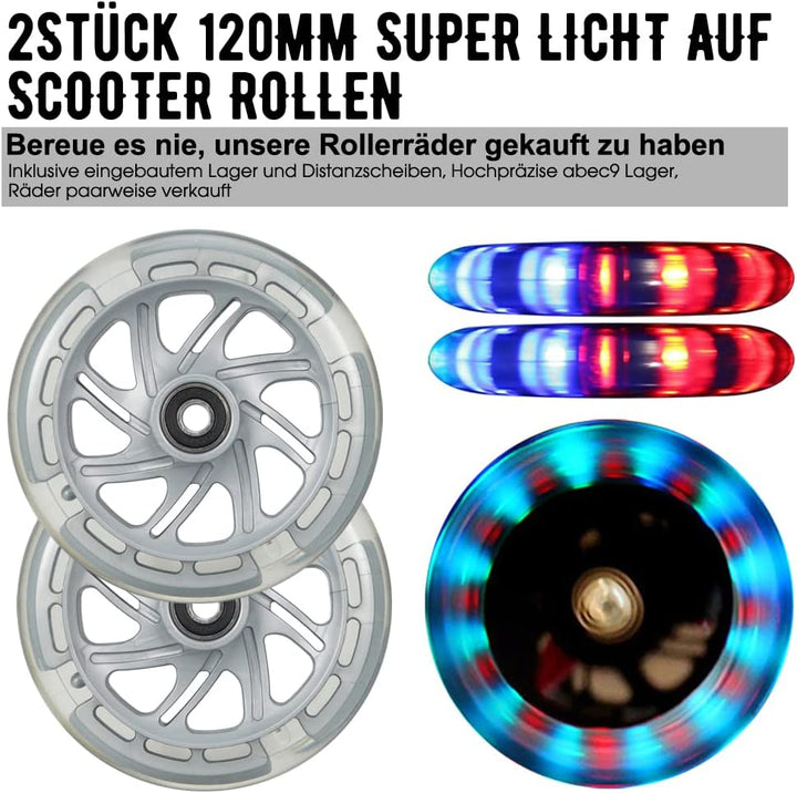 Roller Ersatzrad 120mm mit LED Blinker und ABEC-9 Kugellager, 2 Stück, Schwarz, für Micro Globe Scoo