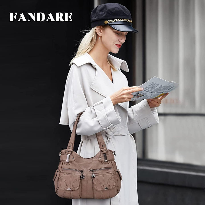 FANDARE Gross Schultertasche Damen Umhängetasche Frauen Vintage Schulranzen Wasserdicht PU Leder Wom