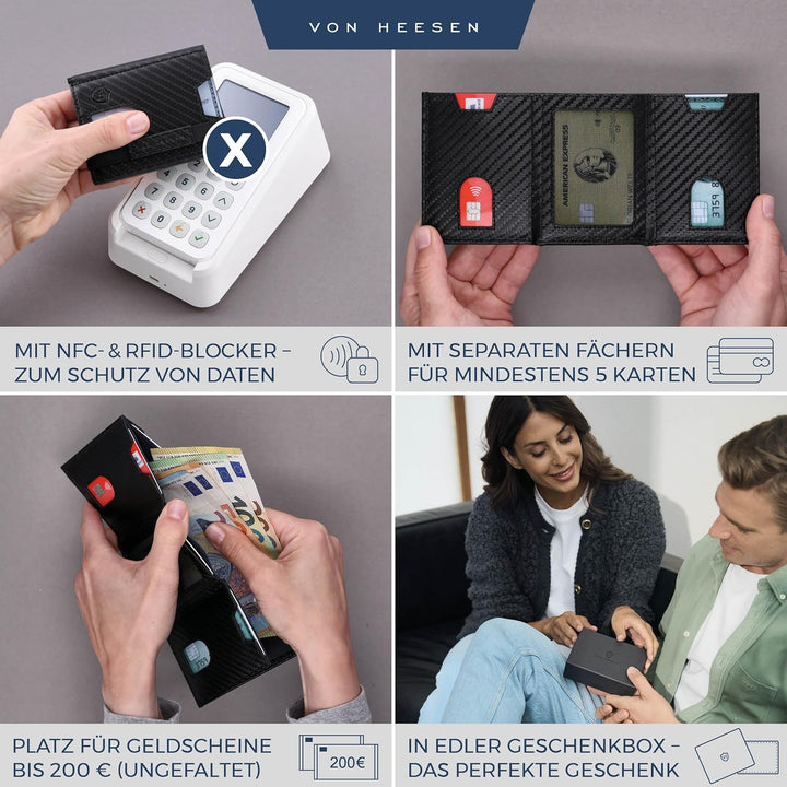 VON HEESEN Slim Wallet mit Münzfach & RFID-Schutz - Leder Geldbeutel - Mini Geldbörse für Herren und