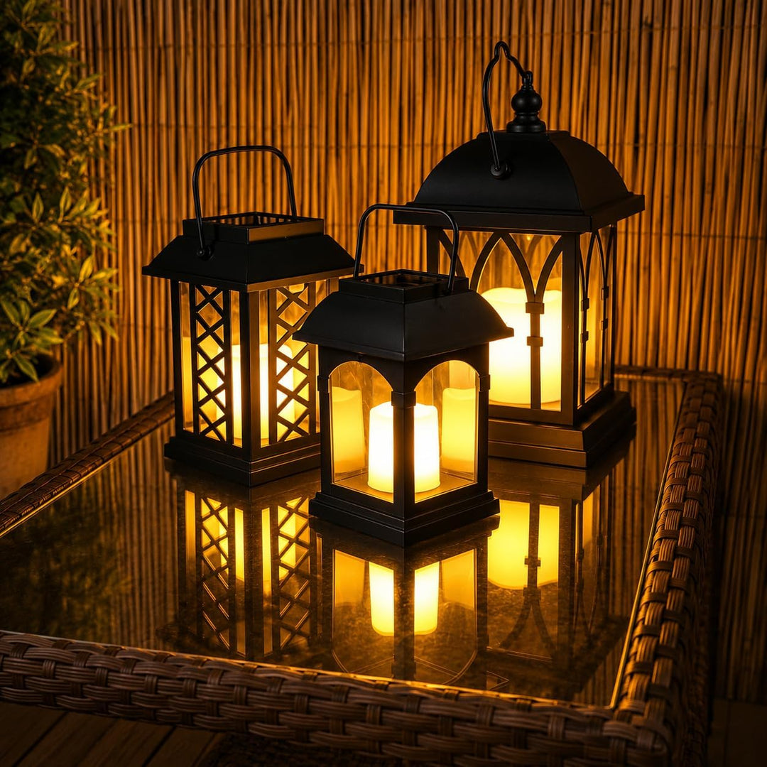 Festive Lights 3-er Set: Schwarze Solar Laternen mit LED Kerzen und täuschend echt wirkenden Flacker