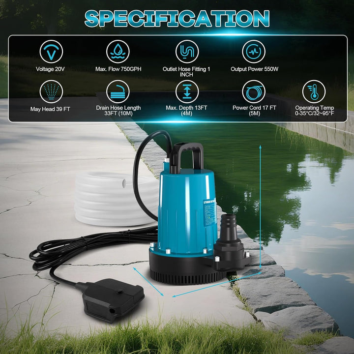 Akku Tauchpumpe Kompatibel mit Makita 18V Batterie (Ohne Akku), 2800L/H Fördermenge, Förderhöhe 12m,