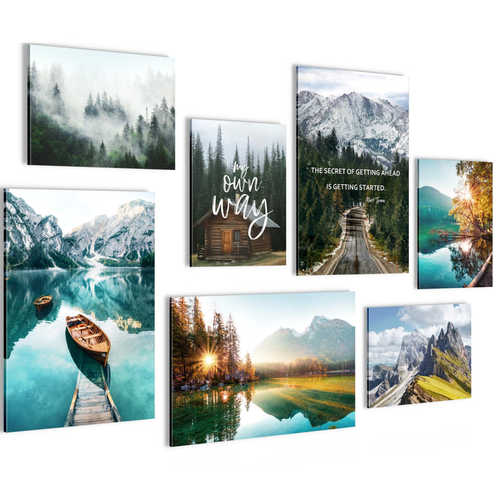 Novart Wandbilder Set Natur Berge See Landschaft - KEIN EXTRA RAHMEN BENÖTIGT - Modern Deko - Wohnzi
