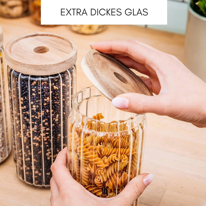 Econovo® Vorratsgläser mit Deckel geriffelt (1000ml | 3-tlg.), stapelbar und luftdicht, Vorratsbehäl