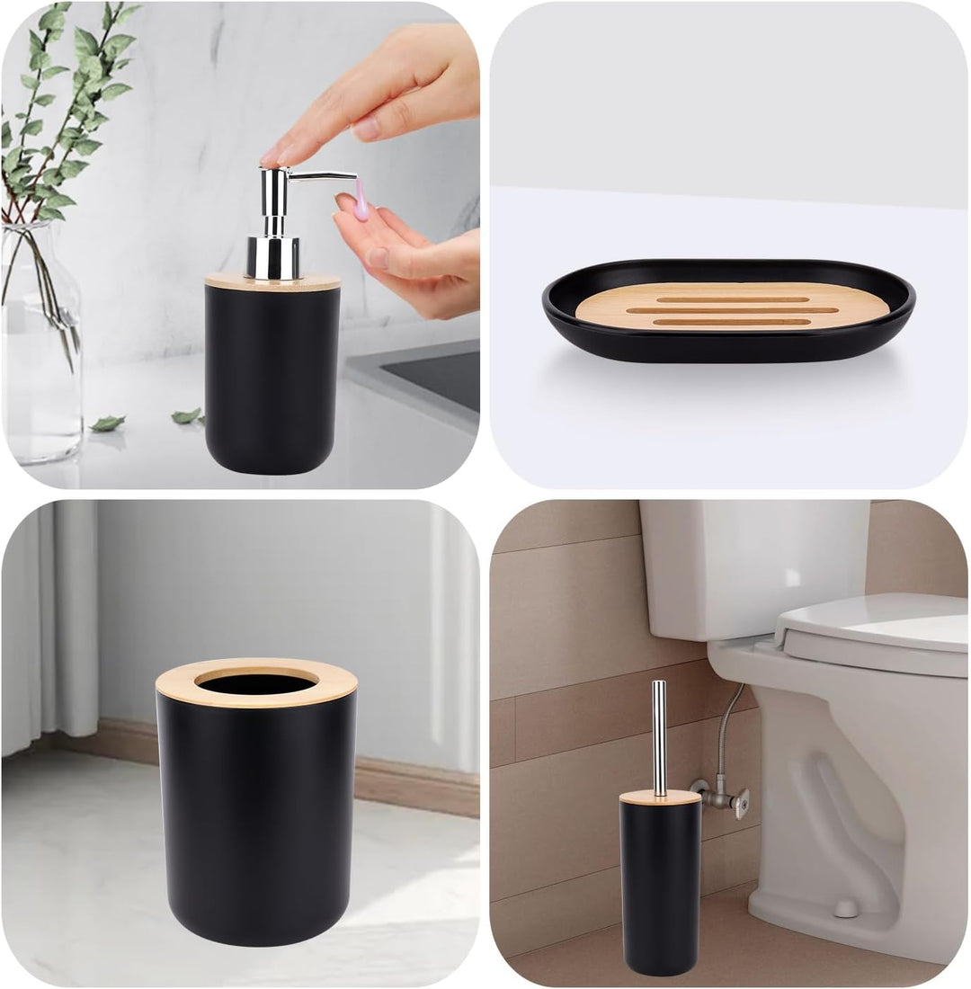 Badezimmer-Zubehör-Set aus Bambus, Waschraum-Zubehör-Set, Lotion-Flaschen, Zahnbürstenhalter, Zahnbe