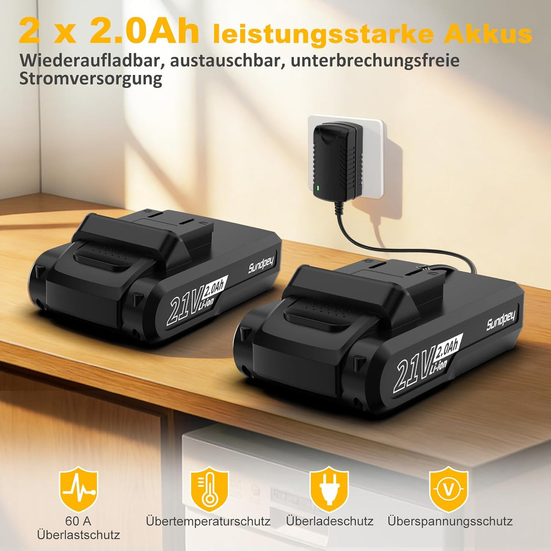 Sundpey Akkuschrauber Set mit 2 Akkus 2,0Ah, 21V Akkubohrer und Schrauber mit 18+1 Drehmomentstufen,