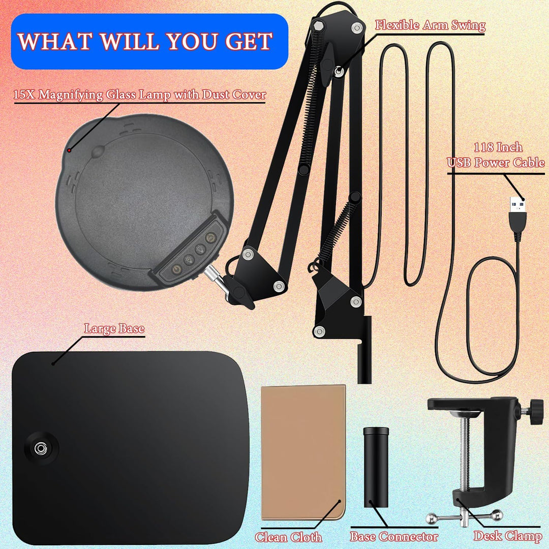 15X Magnifying Glass Desk Lamp with Clamp and Base, Real Glass Lens, 84 LEDs, 5 Color Modes Dimmable