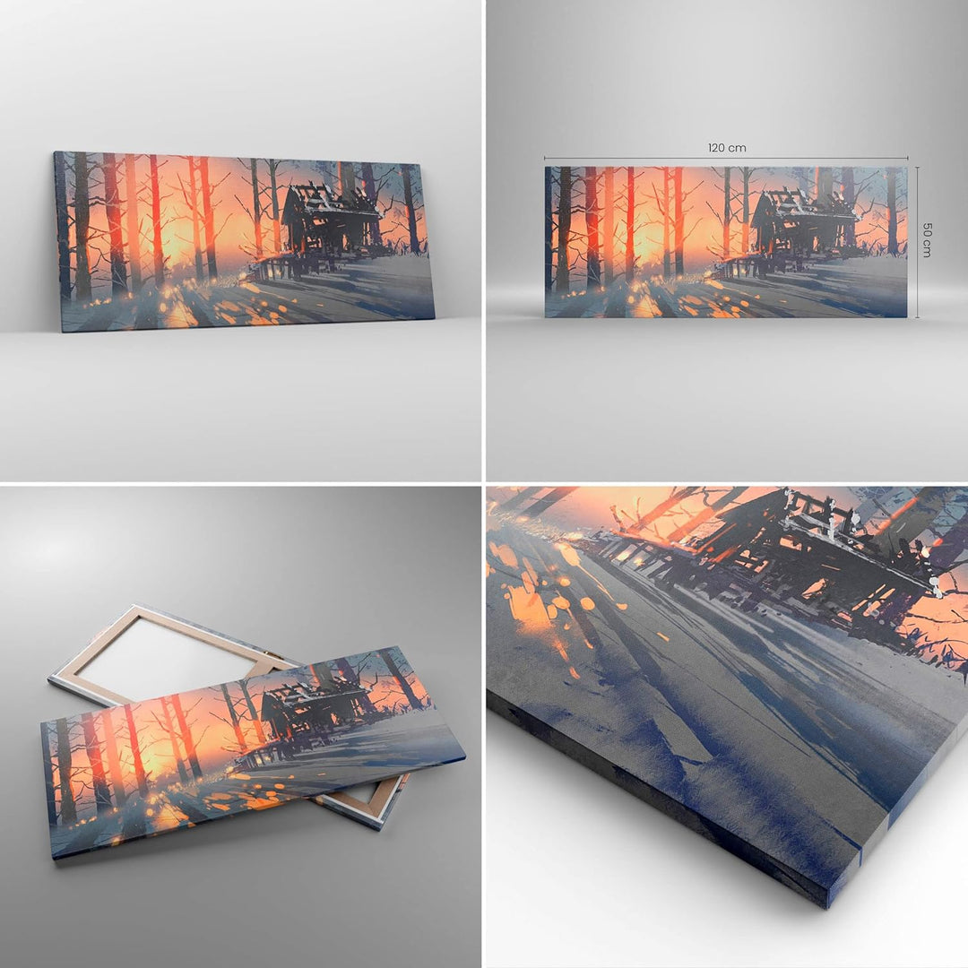 Wandbilder Dekoration Wohnzimmer Winter Wald Hütte Panorama Bilder auf Leinwand 120x50cm Leinwandbil
