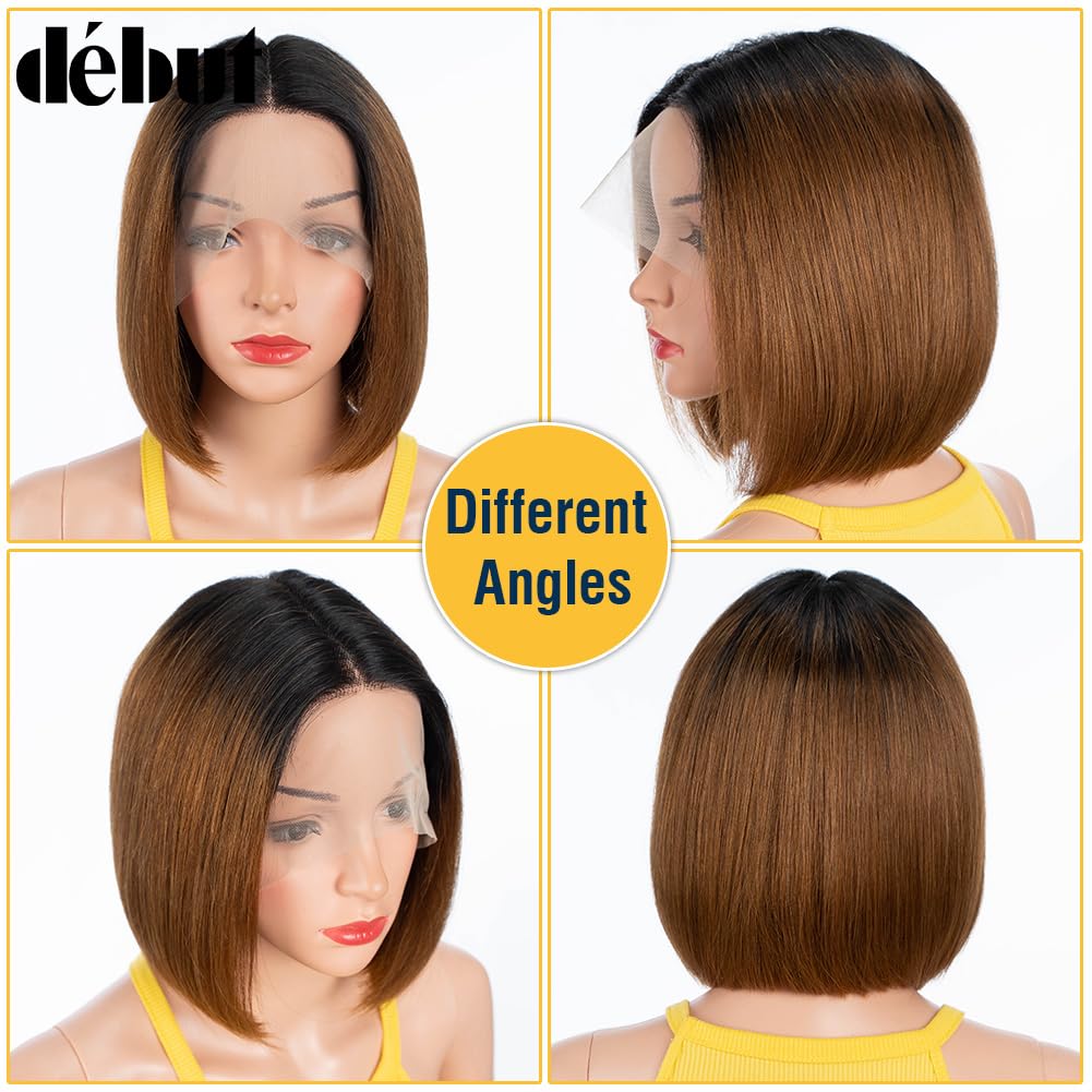 DÉBUT Glatte Bob Perücke, Echthaar, T-Teil, Spitzenfront, Bob-Perücke, vorgezupft, mit Babyhaar, 150