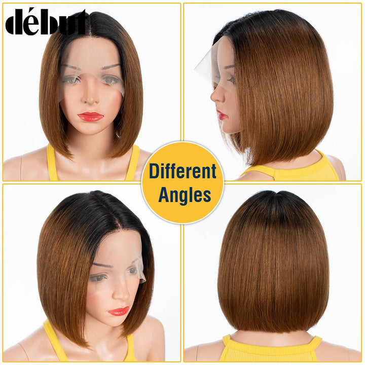 DÉBUT Glatte Bob Perücke, Echthaar, T-Teil, Spitzenfront, Bob-Perücke, vorgezupft, mit Babyhaar, 150
