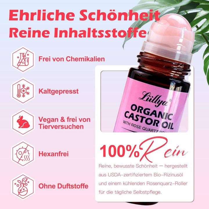rizinusöl kaltgepresst bio Roll On mit Rosenquarz – Castor Oil Organic 100% Rein, Hexanfrei, Natürli