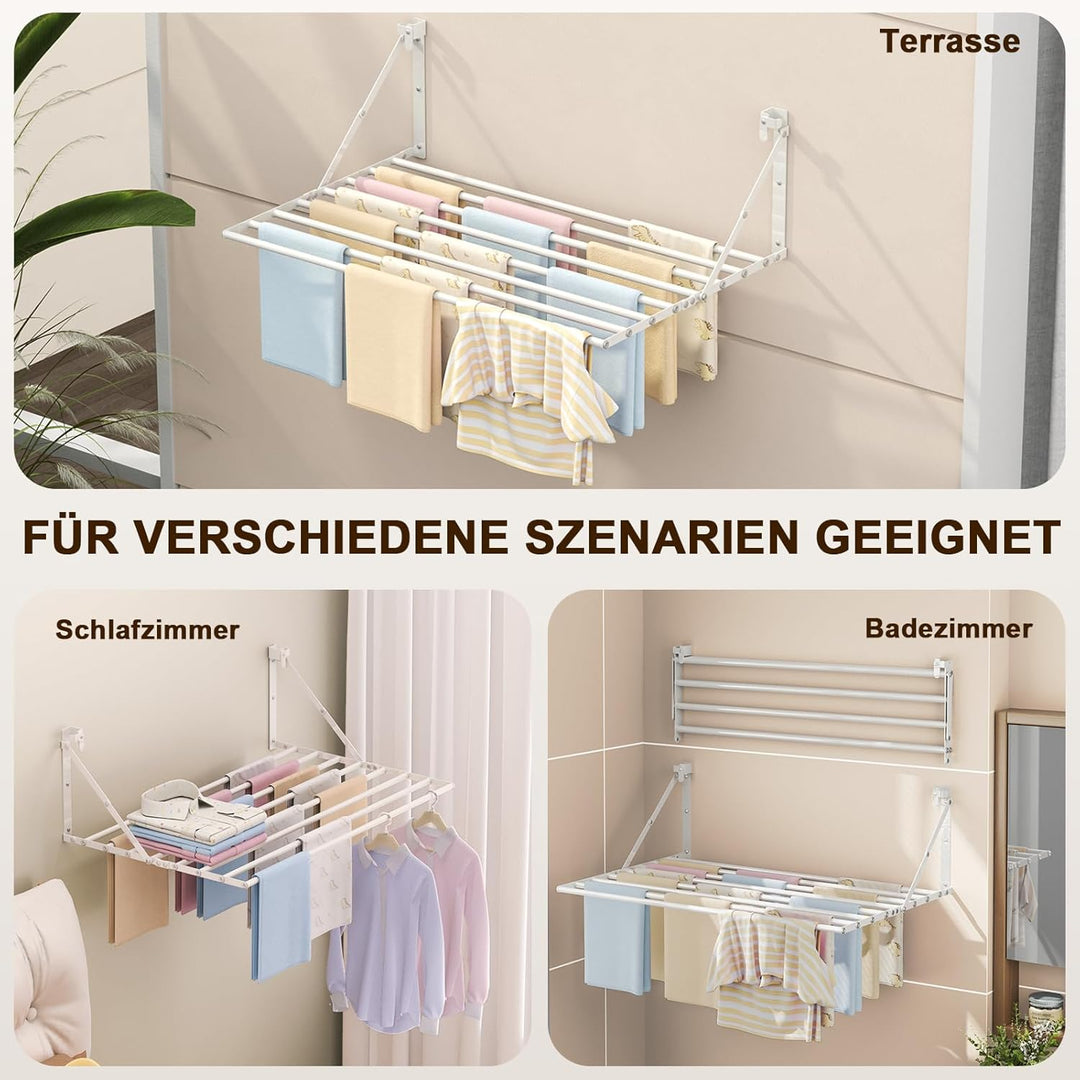Innotic 80CM Wäscheständer Wandmontage Klappbar, Rostbeständig Wäschetrockner Wand Outdoor mit 8 Sta