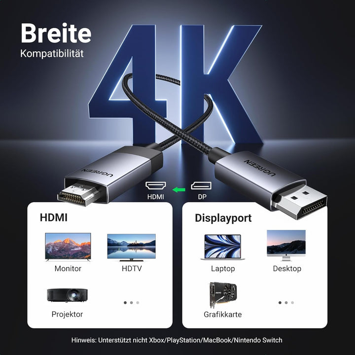 UGREEN 4K@60Hz DisplayPort zu HDMI Kabel DP zu HDMI Kabel Uni-Direktional DP 1.2 zu HDMI 2.0 Kabel H