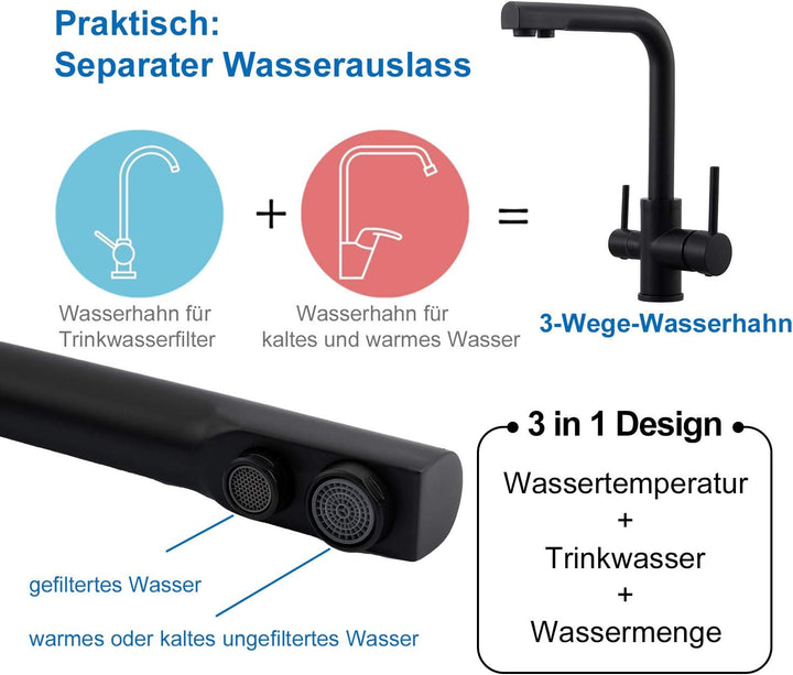 Wasserrhythm 3-Wege-Wasserhahn Küchenarmatur Küche 3 in 1 Mischbatterie Trinkwasserhahn Armatur für