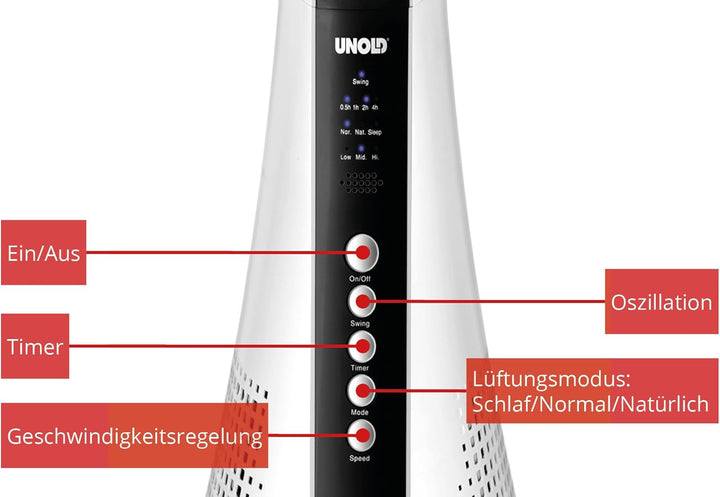 Unold 86890 TURMVENTILATOR View, mit 3-stufiger Geschwindigkeitsregelung, zuschaltbarer 60° Oszillat