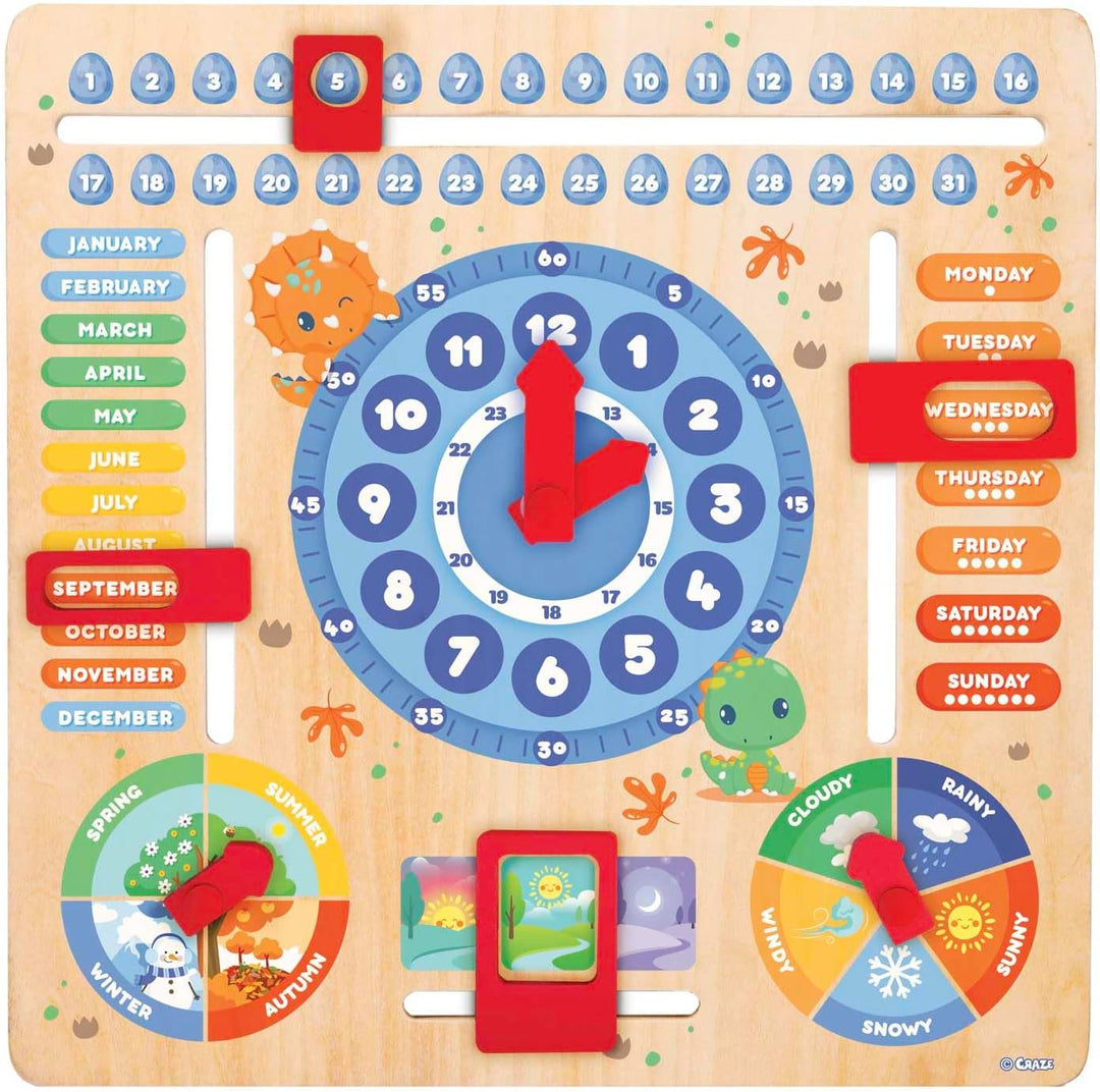 CRAZE My Learning Clock Dino ENGLISCHE SPRACHE - Lernuhr Kinder Holz, Kalenderuhr zum Lernen für Kin