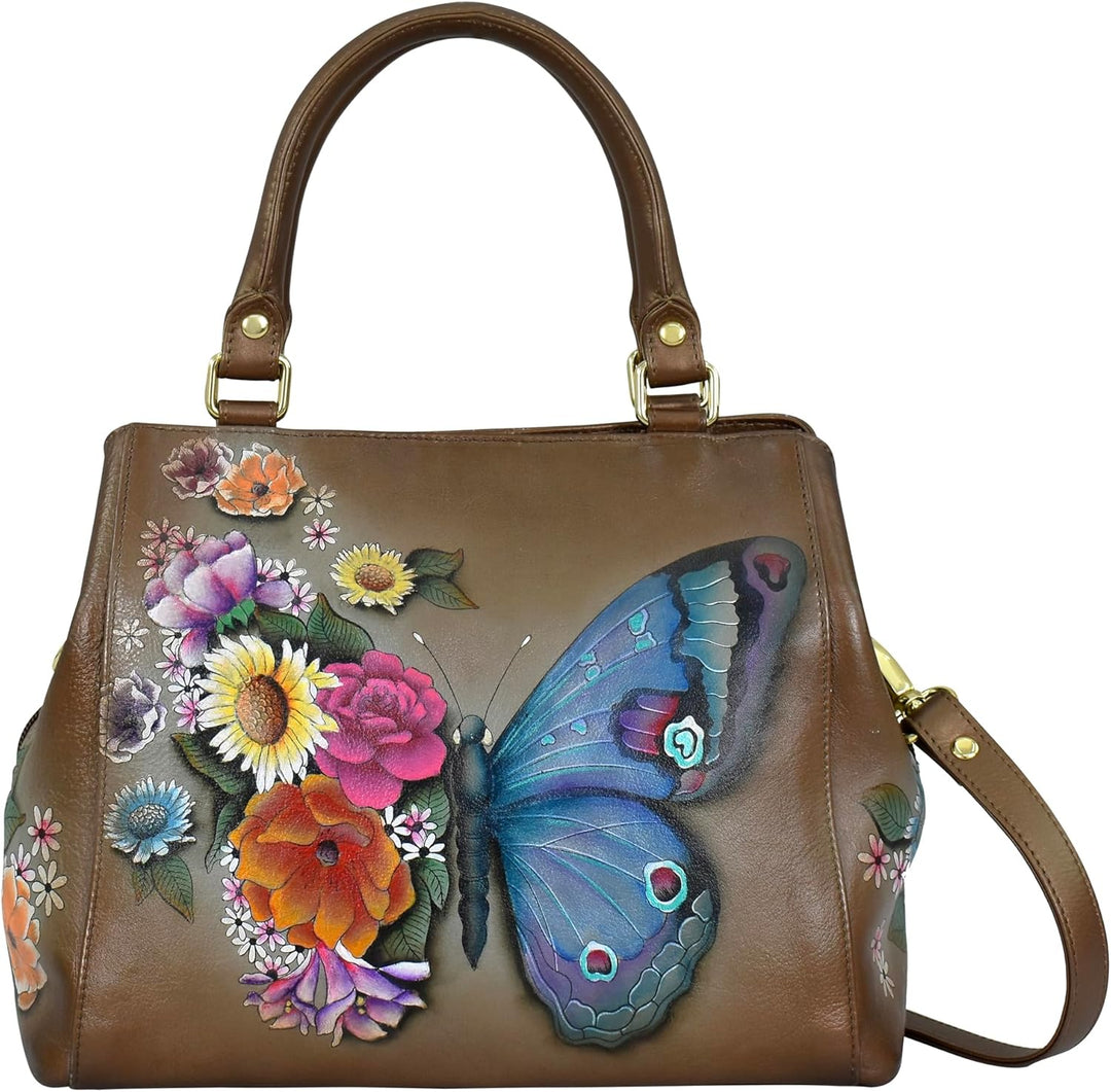 Anuschka Handbemalte Satchel Tasche mit mehreren Fächern aus Echtleder Butterfly Blooms Bronze, Butt