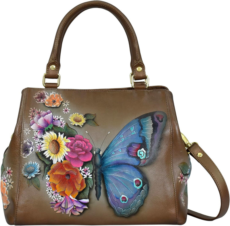 Anuschka Handbemalte Satchel Tasche mit mehreren Fächern aus Echtleder Butterfly Blooms Bronze, Butt