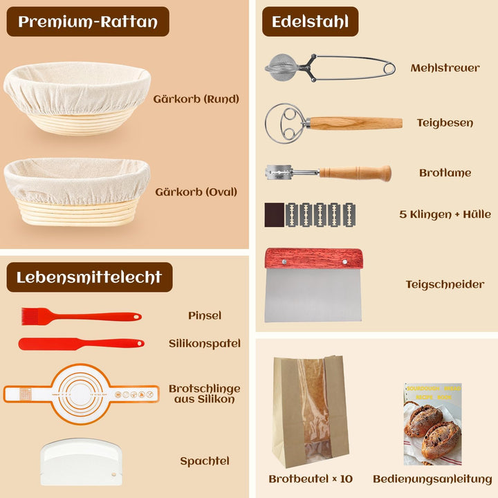 Gärkörbchen Sauerteig Starter Set, 2 Rattan Gärkörbchen (25cm Ovale & 23cm Runde), Sauerteig Glas, K