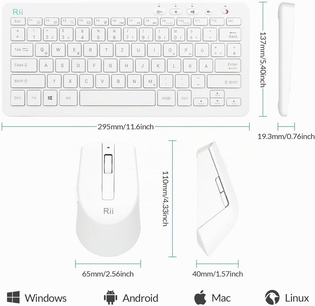Rii Tastatur Maus Set Kabellos, 2.4G Kabellose Kompakte Tastatur mit Funkmaus für Laptop, PC und Sma