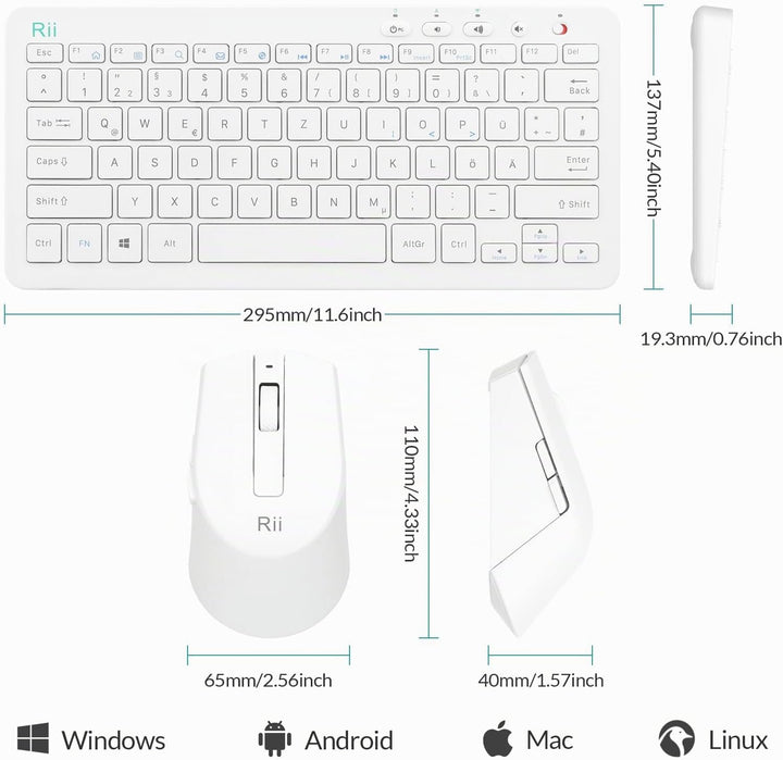 Rii Tastatur Maus Set Kabellos, 2.4G Kabellose Kompakte Tastatur mit Funkmaus für Laptop, PC und Sma