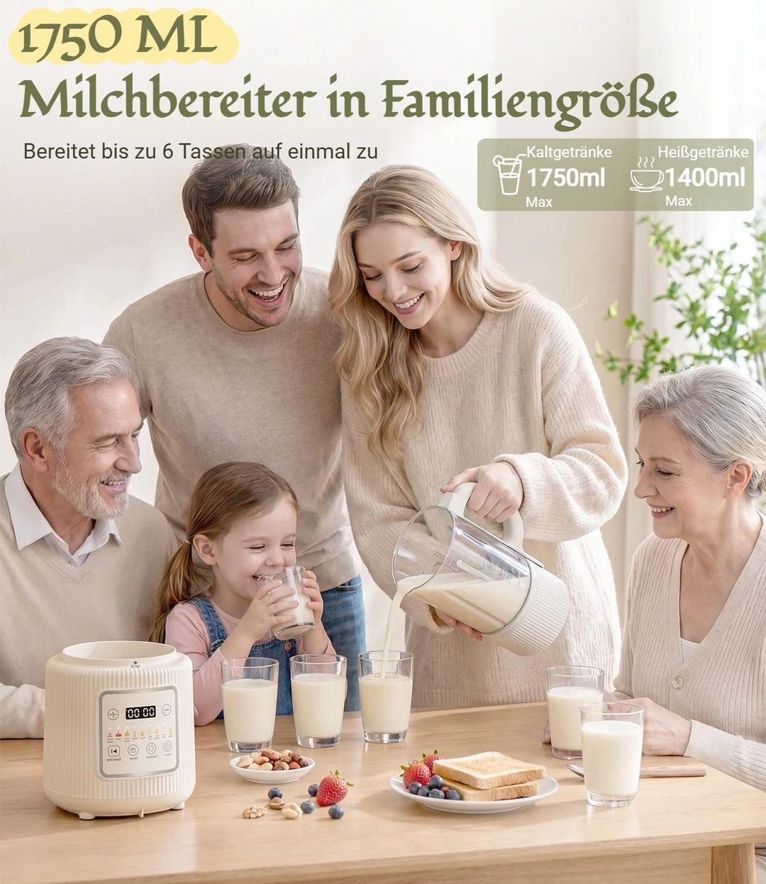 Nussmilch Maschine 11-in-1, 1,75L Automatisch Sojamilchbereiter, Für Selbstgemachte Pflanzenmilch, H
