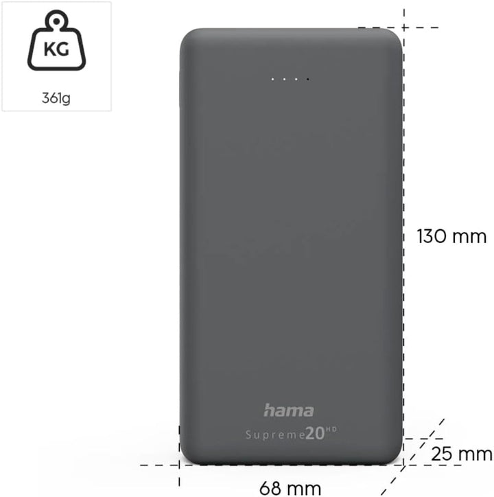 Hama Powerbank Supreme 20000mAh (externer Akku mit 1x USB C + 2x USB A, Power Pack zertifiziert, Akk