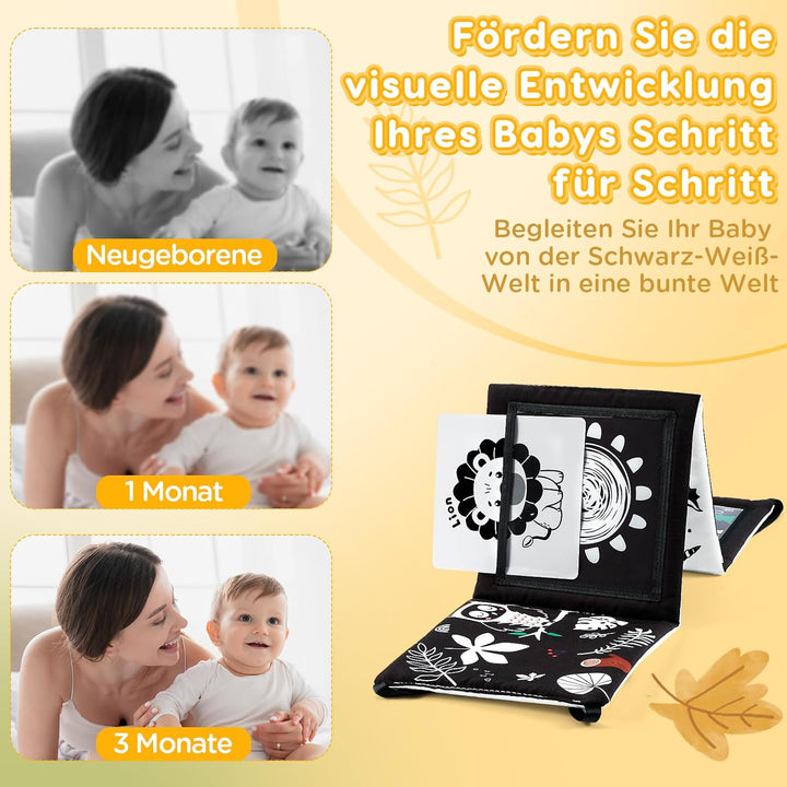 URMYWO Kontrastkarten Baby, Schwarz Weiss Doppelseitig Baby Stoffbuch, Kontrastbuch für Neugeborene