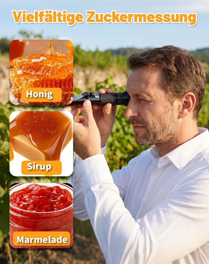 2-in-1 Honig Refraktometer für Imker, Brix 58-90% & Wasser 12-32% – Inkl 72,2% Kalibrierflüssigkeit,