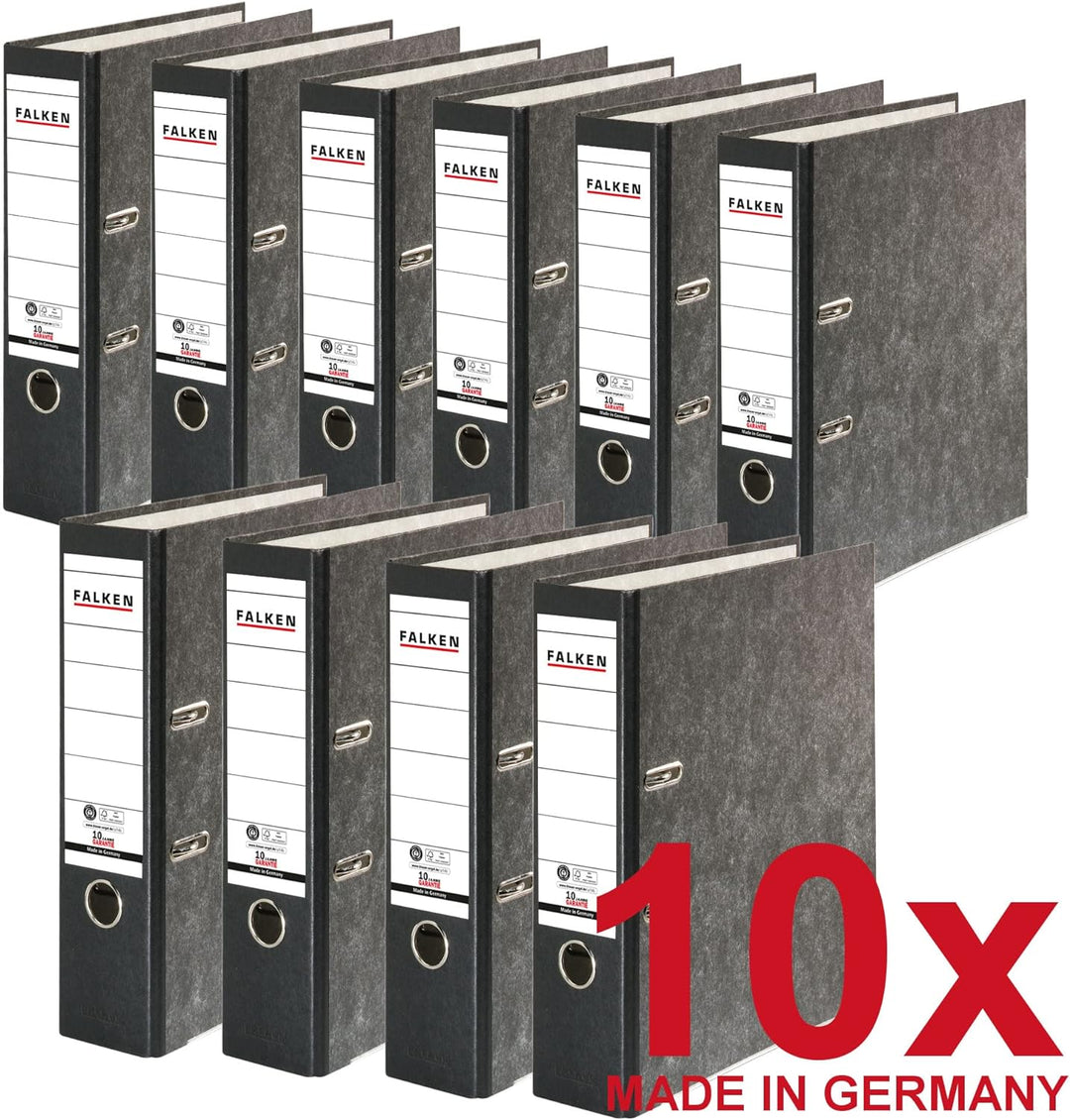 Original Falken 10er Pack Recycling-Ordner Wolkenmarmor. Made in Germany. 8 cm breit DIN A4 schwarze