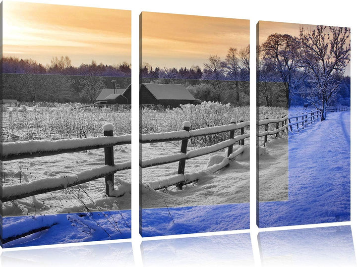 kleines Holzhaus in verschneiter Landschaft schwarz/weiss 3-Teiler Leinwandbild 120x80 Bild auf Lein