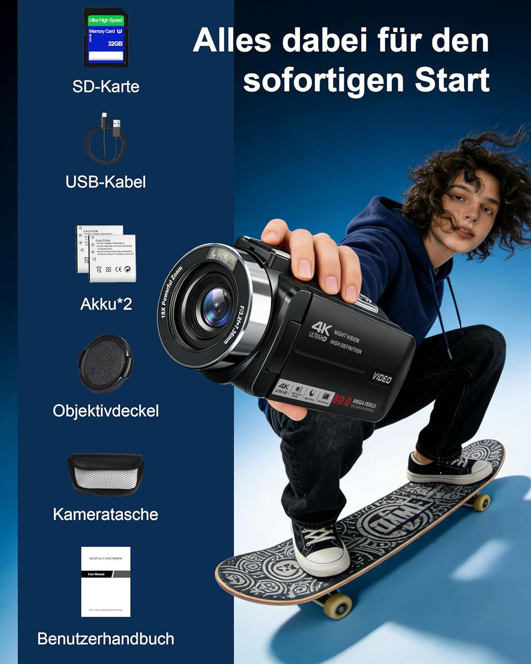 Videokamera Camcorder 4K 80MP mit IR Nachtsicht, HD 30FPS 18X Digitalzoom Webcam Videokameras, 3,0-Z