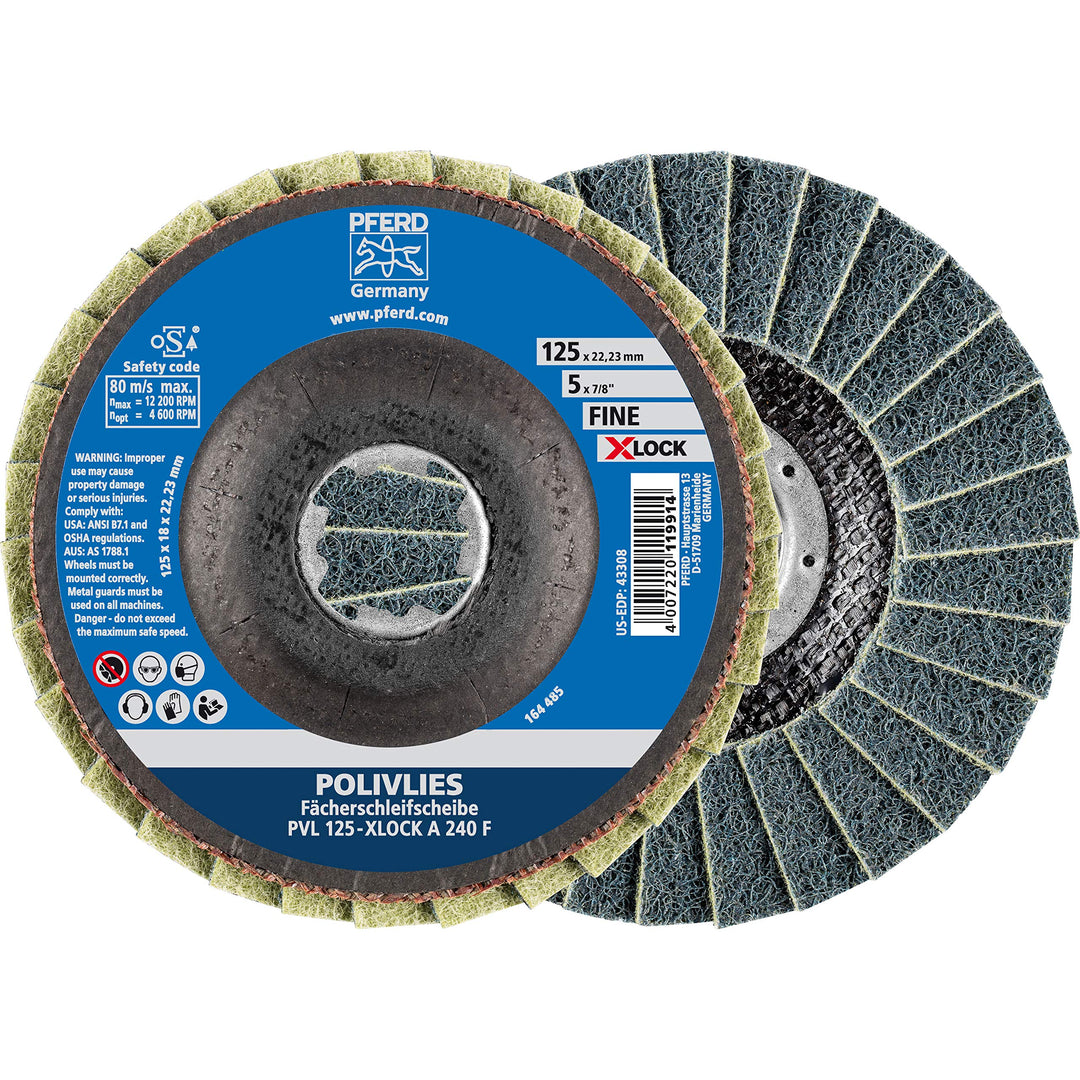 PFERD POLIVLIES-Fächerscheibe, 5 Stück, 125mm, A240, fein, X-LOCK (22,23 mm), 44694213 – für schnell
