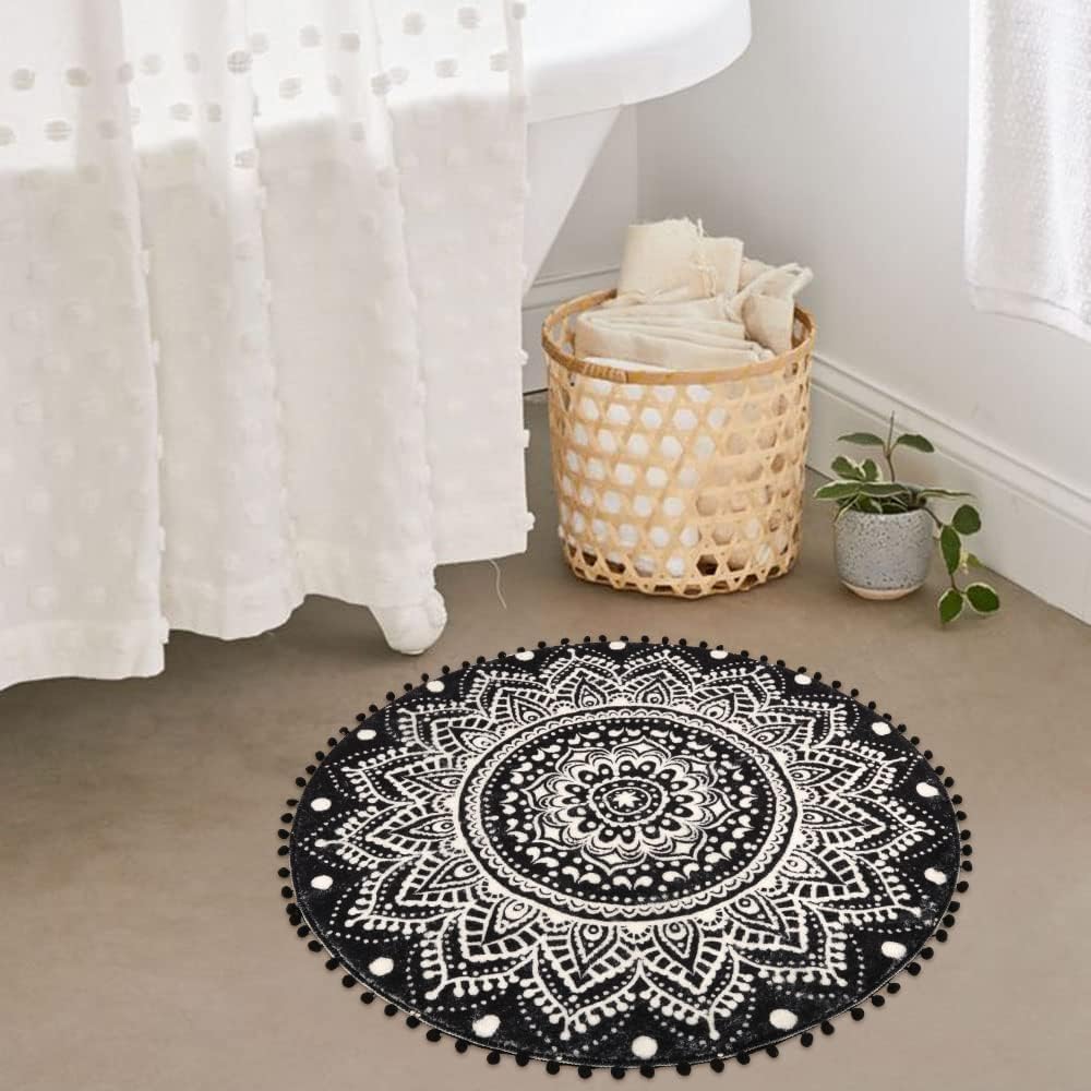 Uphome Kleiner runder Teppich, 5,8 cm, schwarz, Mandala, Boho, Badezimmerteppiche mit Pompons, Frans