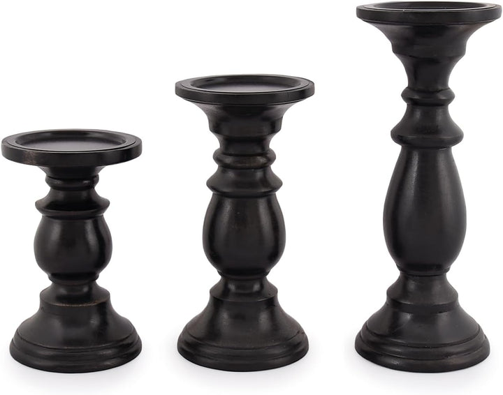 SAMHITA Set mit 3 Kerzenhaltern aus Mangoholz, in schwarzer Oberfläche, für Tischdekoration, Kerze f