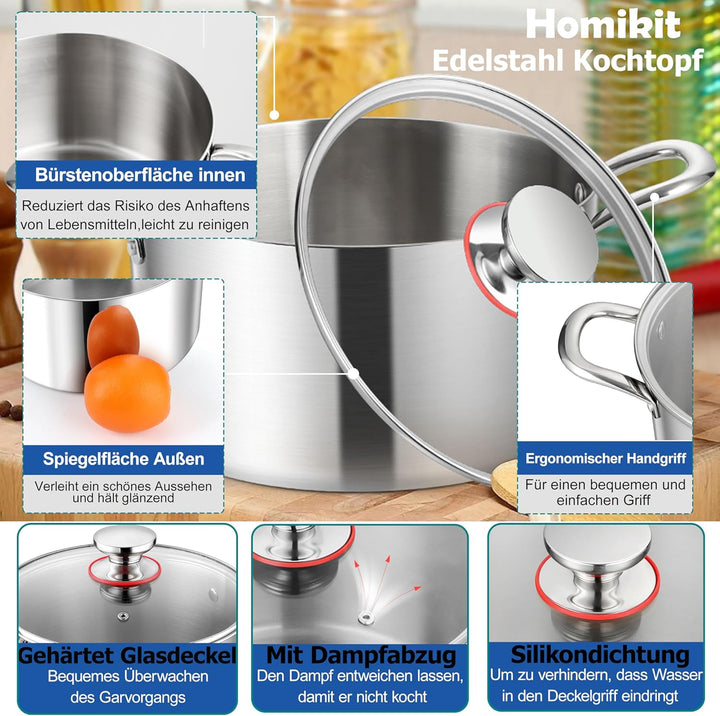 Homikit Kochtopf Gross 6,6L, Topf Induktion mit Glasdeckel, Nudeltopf Fleischtopf aus 3-Lagen Edelst