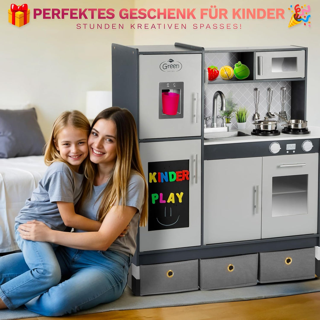 Green series Grosse Spielküche Holz - Graue Kinderküche Holz, Kinder küche mit Licht und Sound, Spie