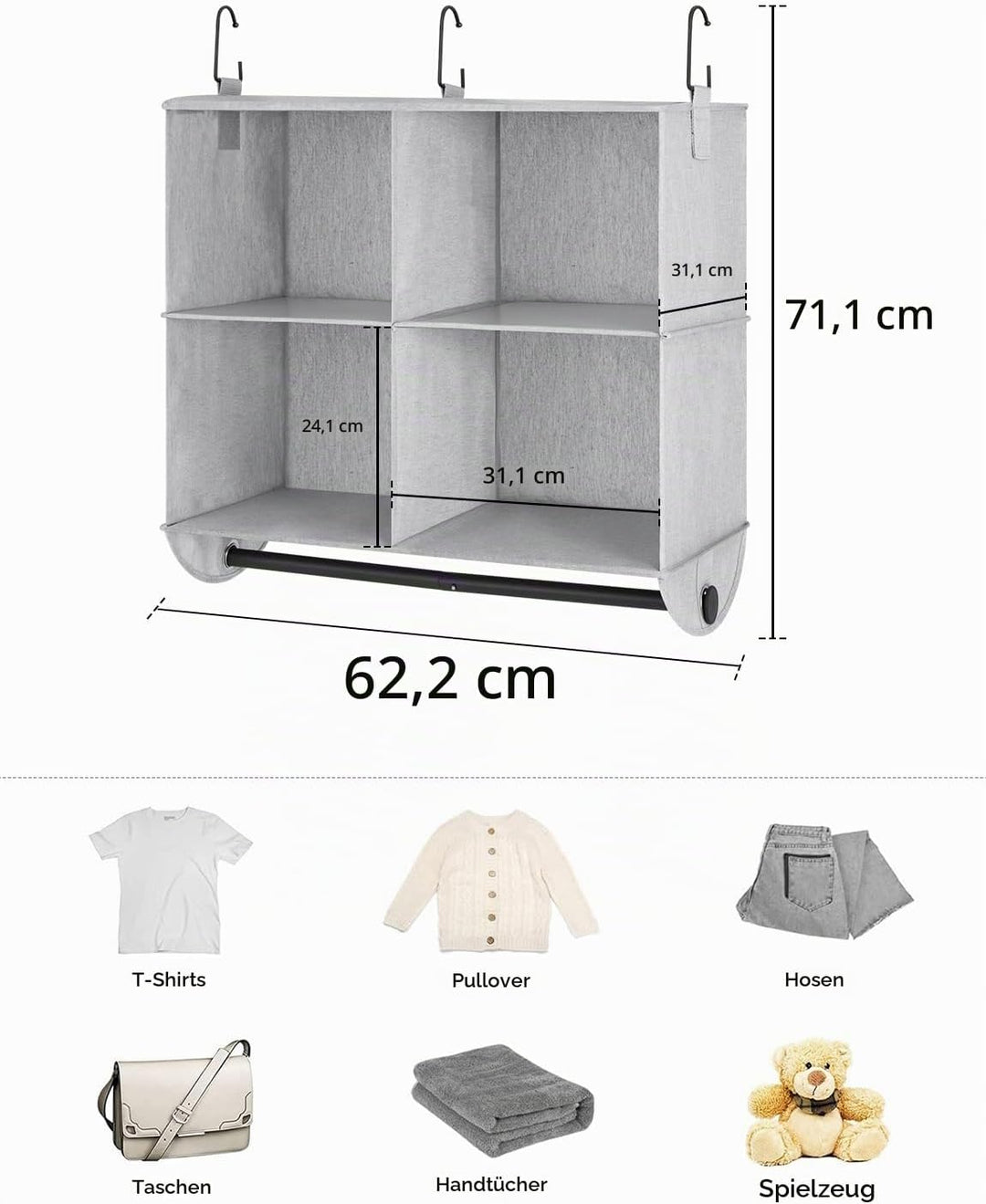 StorageWorks Hängeregal Kleiderschrank mit Metallstange, Hängeorganizer für Kleiderschrank, platzspa