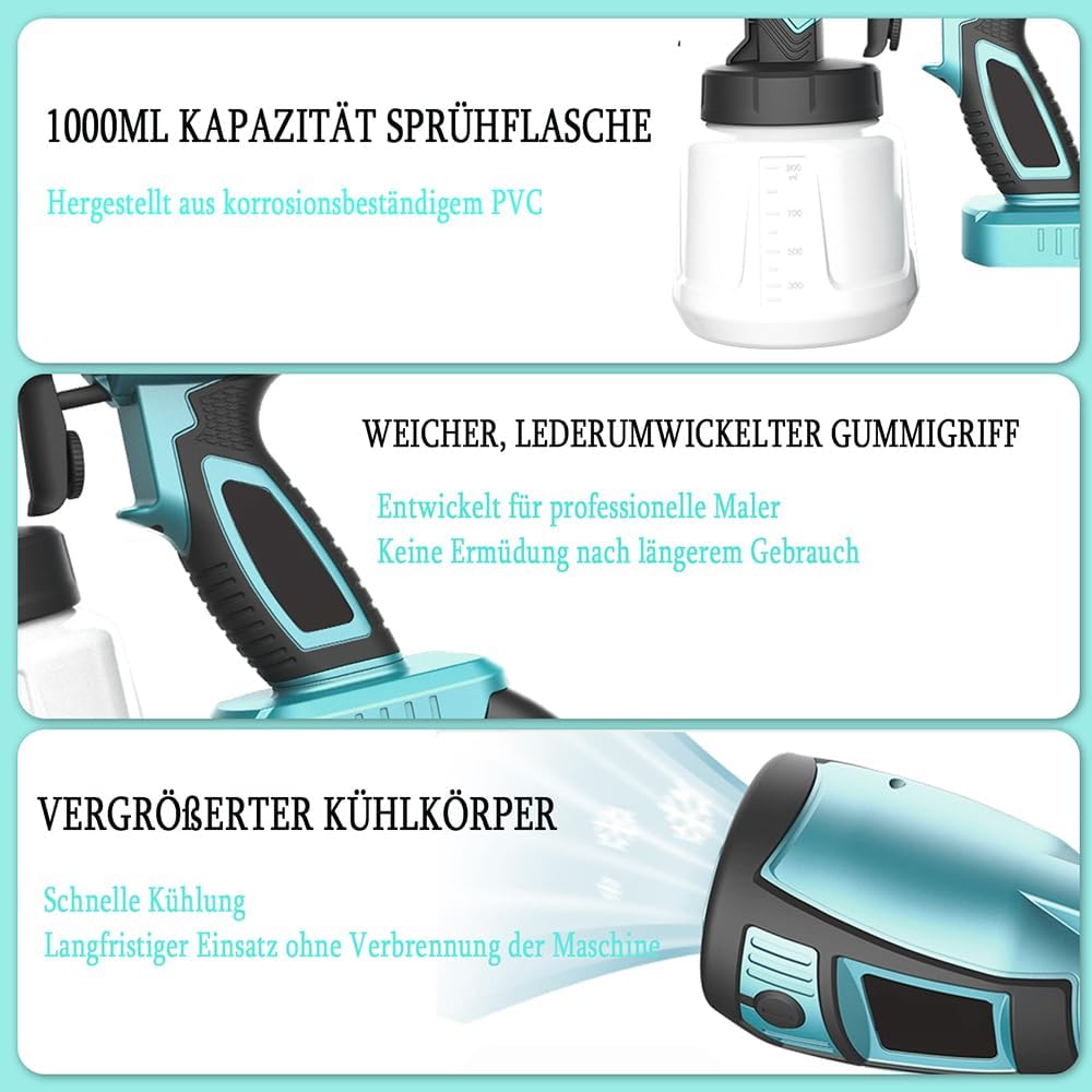 Akku-Farbsprühsystem für Makita 18V Akku, 1000ml Behälter Farbsprühgerät, mit 3 Düsen und 3 Spritzmu